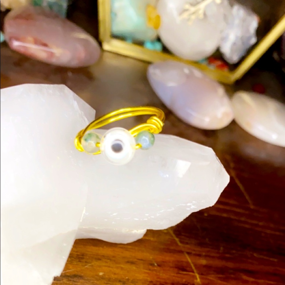 Moss agate evil eye ring